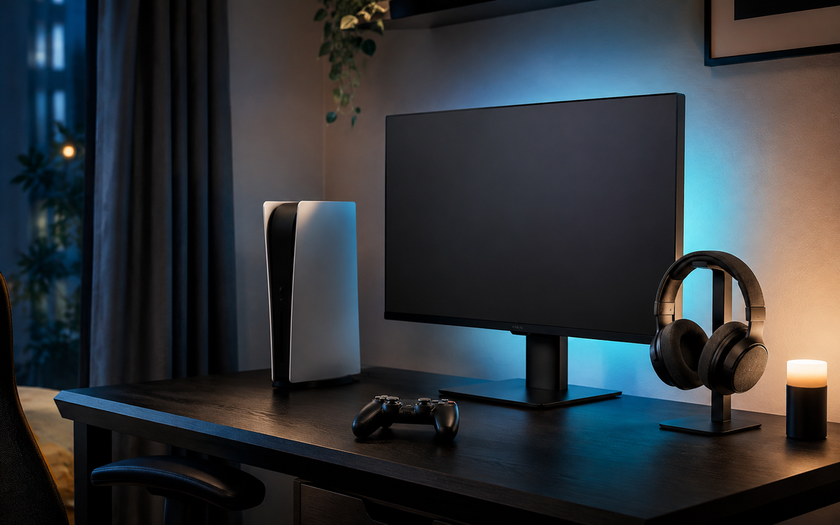 Compact gaming setup with a monitor, console, controller, and headset