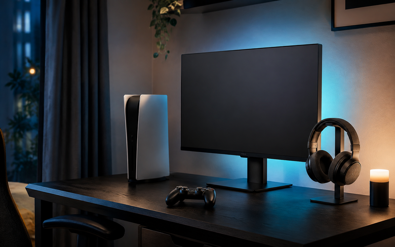 Compact gaming setup with a monitor, console, controller, and headset