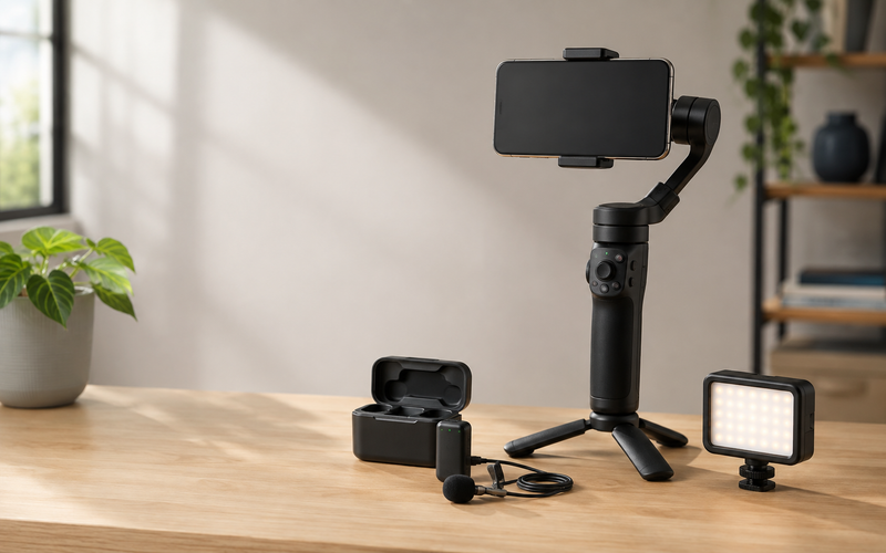 Smartphone mounted on a gimbal beside a wireless microphone and LED light
