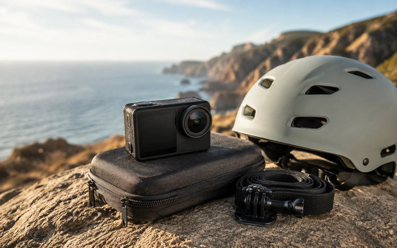 Action camera, helmet, protective case and mount beside a rocky coastline